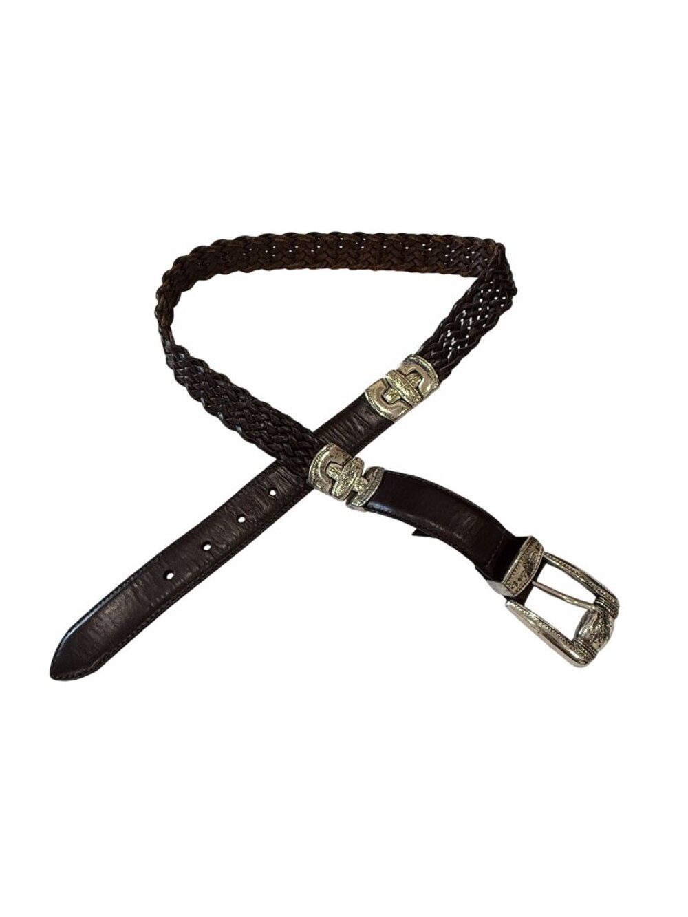 Brighton L Braided Leather Belt Engraved Silver Tone Buckle & Accents Dark Brown